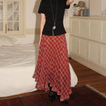 Retro Two-Color Plaid Asymmetric Ruffle Hem Skirt For Women