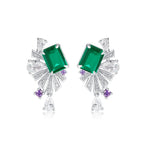 S925 Sterling Silver Art Deco Fan Drop Earrings, 8x6mm Lab-Grown Ruby Emerald Paraiba & Blue Diamond, Platinum Plated 5g Women's Fine Jewelry Gift Box