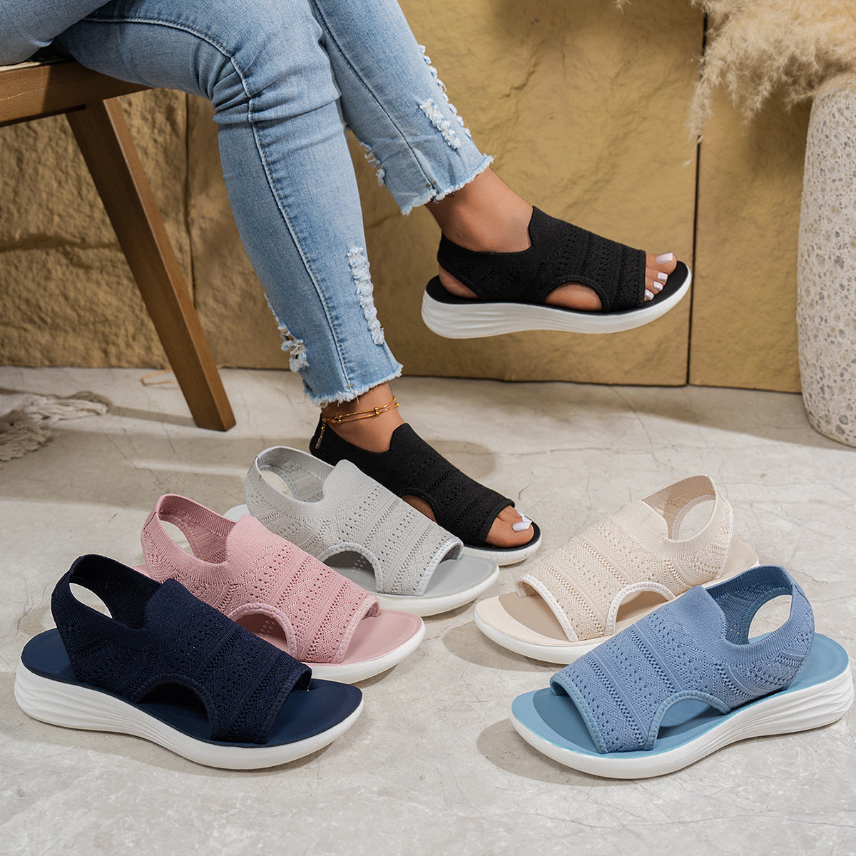 Platform Fish-mouth Hollow-out Knit Breathable Lightweight Soft-soled Sneakers