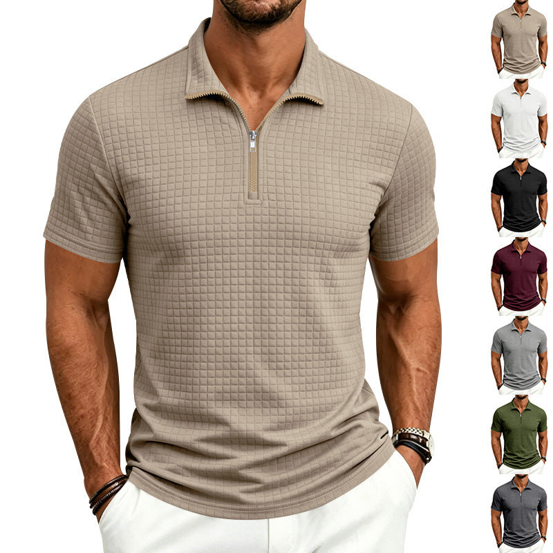 Mens Jacquard Plaid Relaxed-fit Stand-collar Short-sleeve Polo Shirt