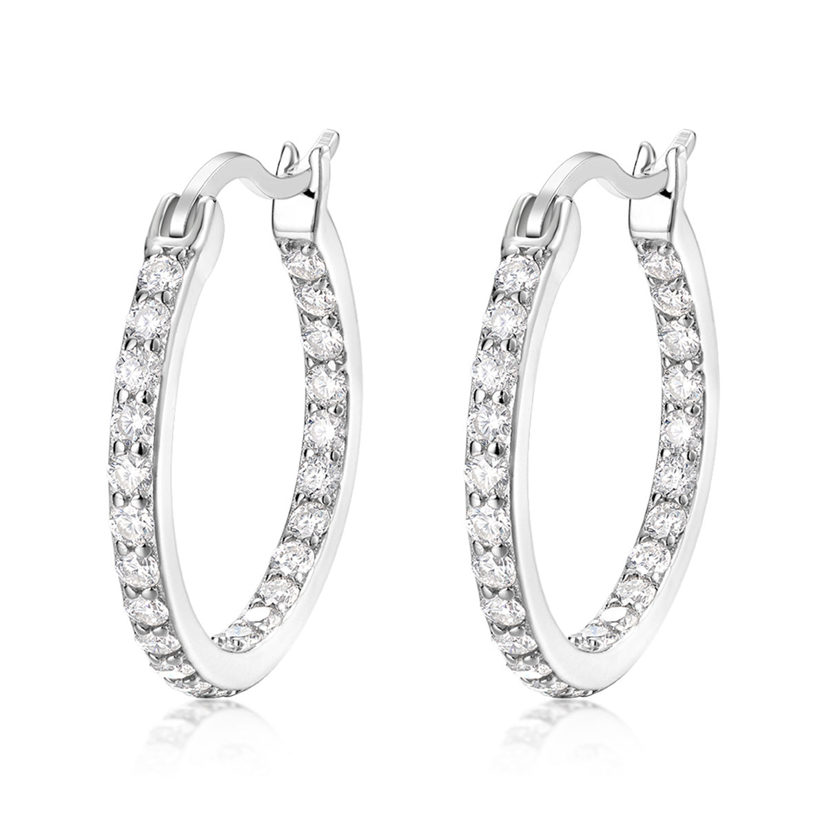 S925 Sterling Silver Pave Hoop Earrings, 46 D-VVS1 Moissanite, Platinum Plated 3g, Women's Fine Jewelry Gift Box