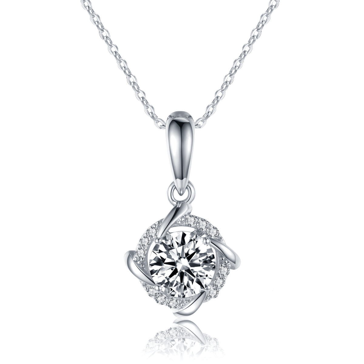 S925 Sterling Silver 1ct D-VVS1 Moissanite Necklace, Twisted Pendant Design, Platinum Plated 40&45cm Chain, GRA Certified Jewelry Gift Box