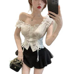 Womens Chic Sleeveless Top With White Lace Ruffles