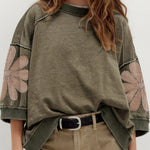 Mineral Water-washed Frayed Edge Pieced Flower Pattern Three-quarter Sleeve Loose Top