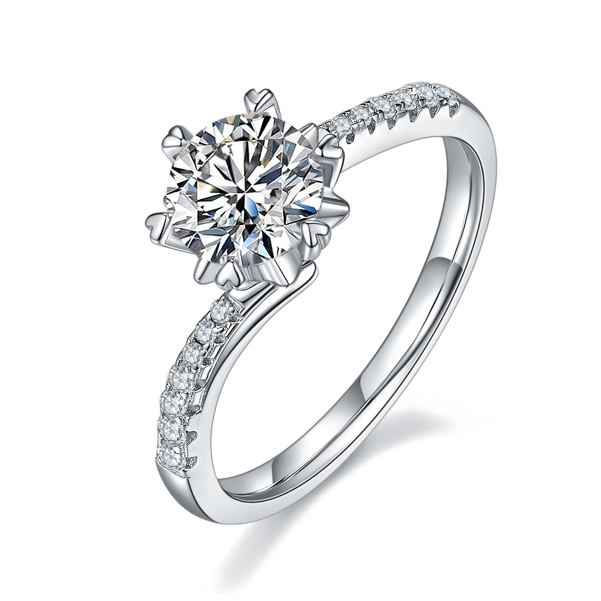 S925 Sterling Silver 1ct Moissanite Engagement Ring, D-VVS1 Round Cut, Platinum Plated, 6-Prong Heart Setting, US Sizes 5-9 With GRA Certificate Gift Box