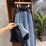 Women's Patchwork Denim Sweatpants With Elastic Waist And Raw Hem