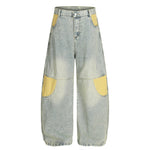 Mens Retro Plaid Patchwork Bootcut Jeans