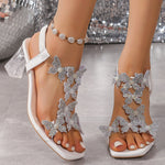 Womens Chunky-heel Crystal High-heeled Butterfly Sandals
