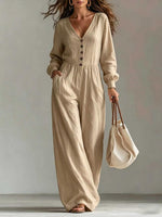 New Autumnwinter Casual Chic Womens V-neck Long-sleeve Jumpsuit With Pockets
