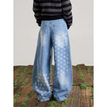 Womens American-Style Retro Washed Star-Print Wide-Leg Bootcut Jeans