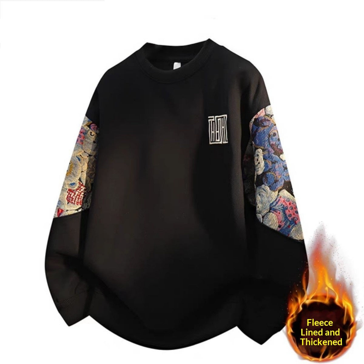 Ethnic-style Vintage Crewneck Fleece-lined Long-sleeve Top
