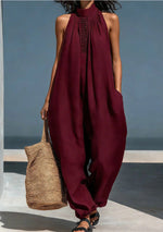 Women's Solid Color Stand-up Collar Sleeveless Casual Loose Jumpsuit