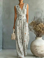 European And American-style Deep V-neck Sleeveless Printed Jumpsuit
