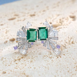 S925 Sterling Silver Art Deco Fan Drop Earrings, 8x6mm Lab-Grown Ruby Emerald Paraiba & Blue Diamond, Platinum Plated 5g Women's Fine Jewelry Gift Box