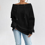 Women's Loose Casual Off Shoulder Sweatshirt, Sexy Drawstring Boat Neck Blouse