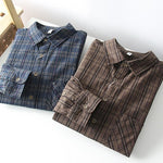 Mens Casual Long-sleeve Washed Cotton Plaid Shirt