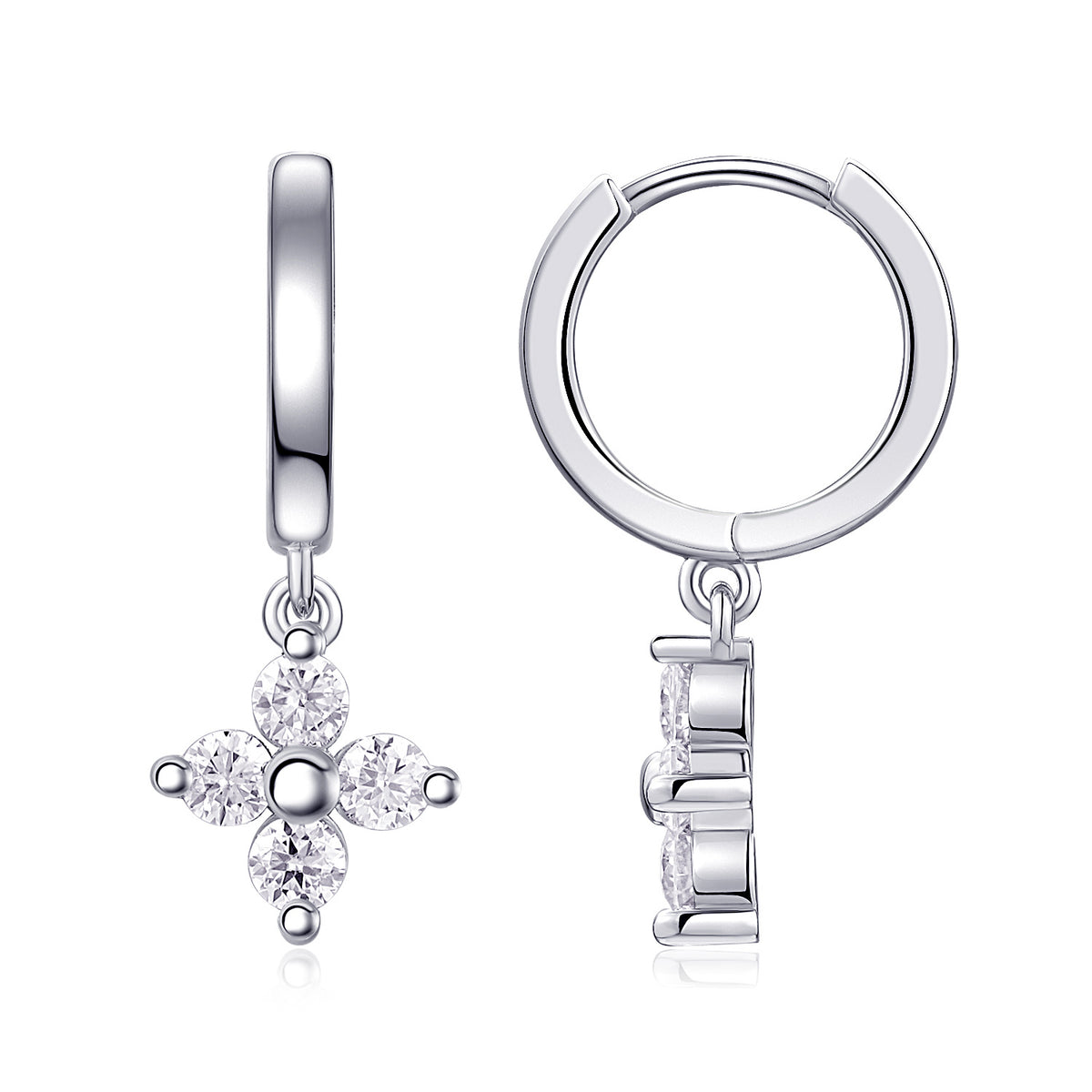 S925 Sterling Silver Clover Drop Earrings, D-VVS1 Moissanite Huggie Dangle, Platinum Plated 3.8g Women's Jewelry Gift Box