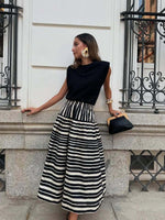 Striped-print Pleated Elegant A-line Skirt