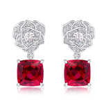 S925 Sterling Silver Rose Drop Earrings, 8mm 6ct Lab-Grown Ruby Sapphire Emerald, Platinum Plated 5g Women's Jewelry Gift Box