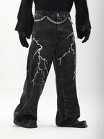 American-style Vintage Niche Washed Denim Jeans With Lightning-stripe Embroidery
