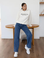 European And American-style Casual Solid-color Straight-leg High-waist Womens Washed Denim Jeans