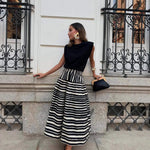 Striped-print Pleated Elegant A-line Skirt