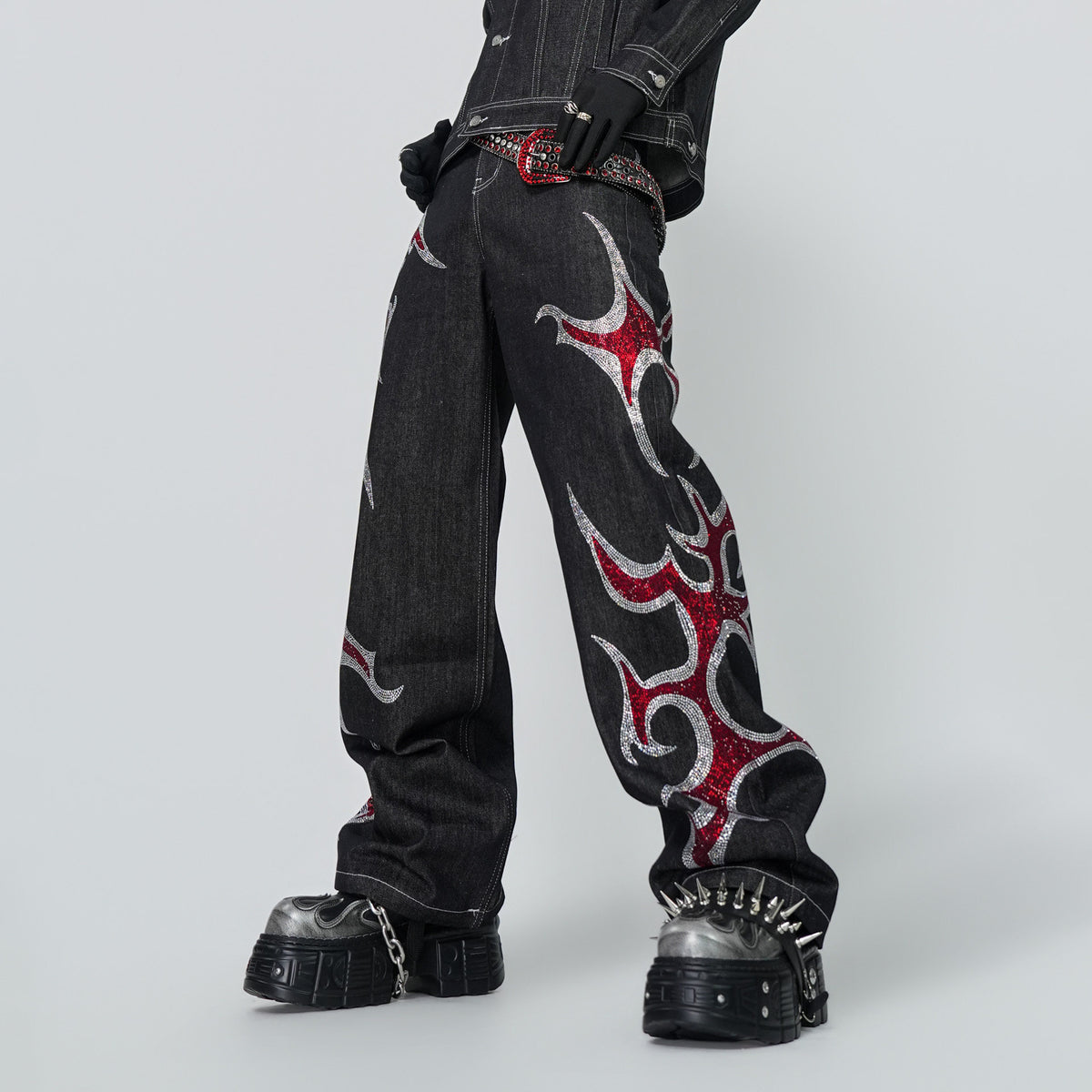 Mens Straight-Leg Denim Jeans With Glittering Diamond Flame Totem Subculture Punk Style