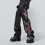 Mens Straight-Leg Denim Jeans With Glittering Diamond Flame Totem Subculture Punk Style