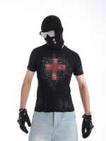 Distressed Slim-fit Round-neck Short-sleeve T-shirt With A Cross Print