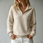 Loose-fit Waffle-knit Stand-collar Zip-up Long-sleeve Womens Sweatshirt