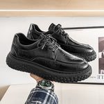 Trendy Brand Men's Leather Shoes, British Style Fashion Thick Sole Casual Footwear, Low-top Lace-up Height-increasing Breathable Black Loafers