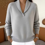 Fashionable Solid-color V-neck Long-sleeve Loose-fit Pullover