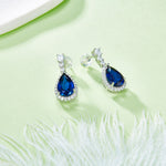 S925 Sterling Silver Teardrop Dangle Earrings, 7x11mm Lab-Grown Ruby Sapphire Emerald With Halo, Platinum Plated 3.2g Women's Jewelry Gift Box