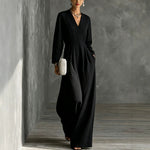 Womens V-neck Long-sleeve Relaxed-fit Wide-leg Jumpsuit