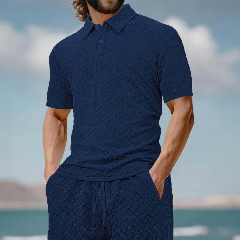 Mens Summer Solid-Color Waffle-Weave Short-Sleeve Shirt