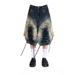 Three-dimensional Tailoring Vintage Lace-up Ripped Denim Shorts