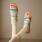 Cowhide Woven Color-block Flat Sandals