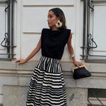 Striped-print Pleated Elegant A-line Skirt
