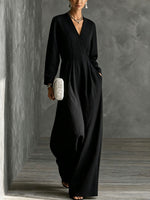 Womens V-neck Long-sleeve Relaxed-fit Wide-leg Jumpsuit