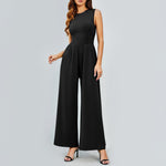 Womens Round-neck Solid-color Sleeveless Slim-fit Long Casual Jumpsuit