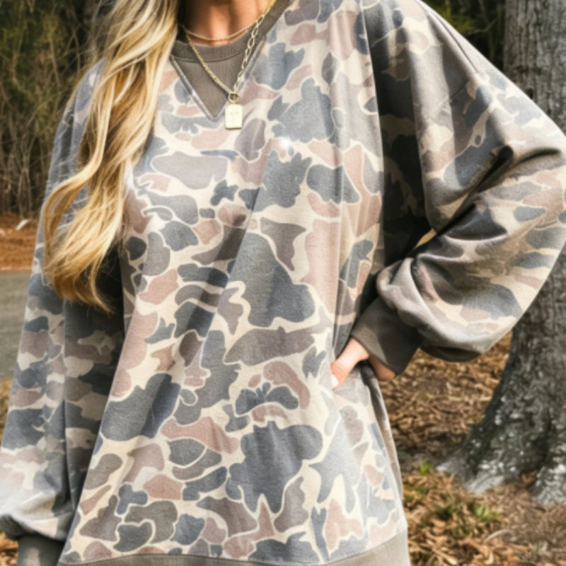 Multi-color Camouflage Printed Ribbed Edge Casual Pullover Hoodie
