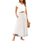 High-waisted Elastic-waist Long Skirt With Ruffled Hem