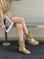 2026 Spring & Summer New Inner Heightening Ballet Sandal Boots, Belt Buckle Round Toe Bow Muted Tone Slouchy Boots