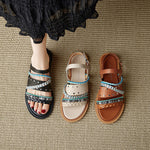 Cowhide Woven Color-block Flat Sandals
