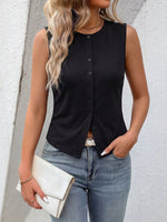 Black Button-Down Sleeveless Crew-Neck Slim-Fit Summer Thin Outerwear Vest For Women