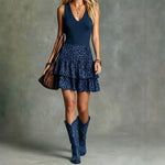 Casual Chic V-neck Dress, Solid-color With Leopard-print Panel Skirt
