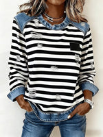 Christmas Crew-Neck Raglan Denim Patchwork Sweatshirt