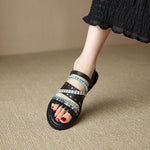 Cowhide Woven Color-block Flat Sandals