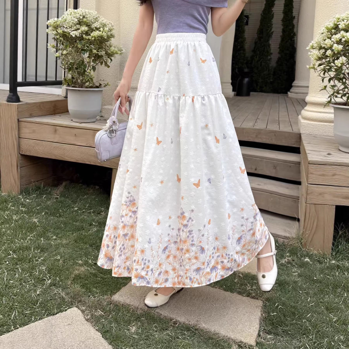 Womens FashionableWaist-cinching Printed Midi Skirt