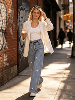 Straight Stretch Jeans With High Waist Wide Legs And Loose Fit